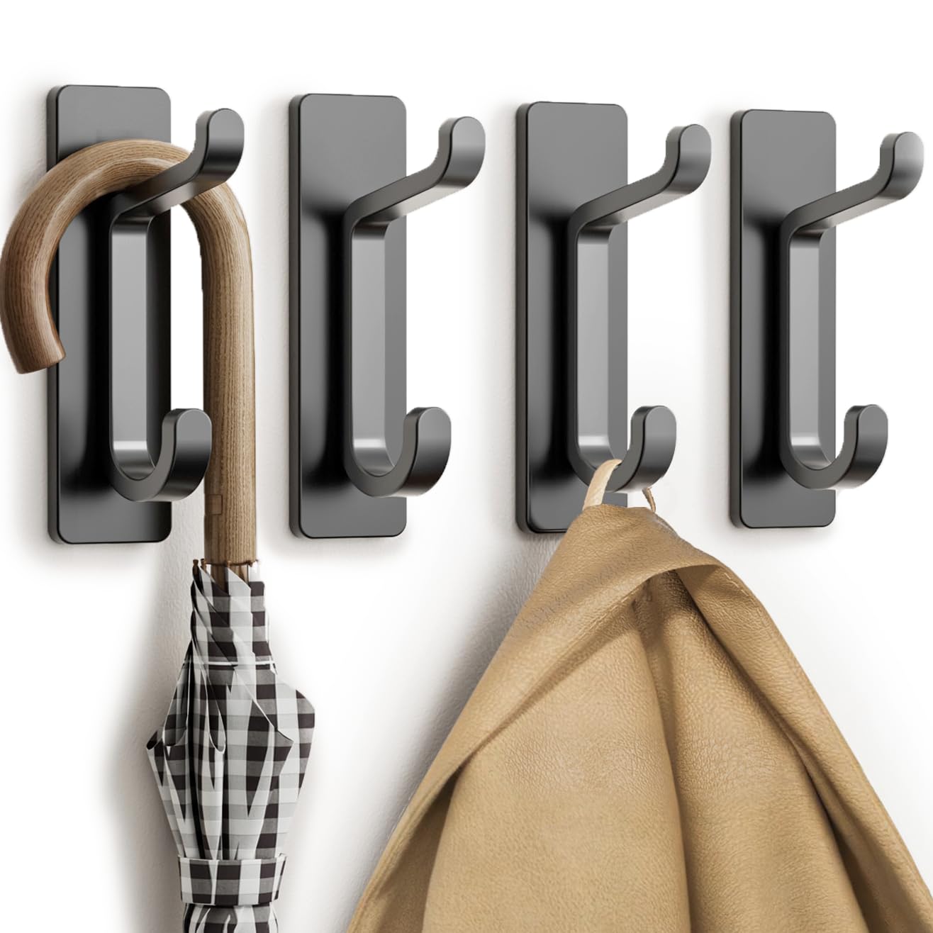 pickpiff 13LB Strong Stick-on Hooks for Coat & Towel, Black 4 Pack