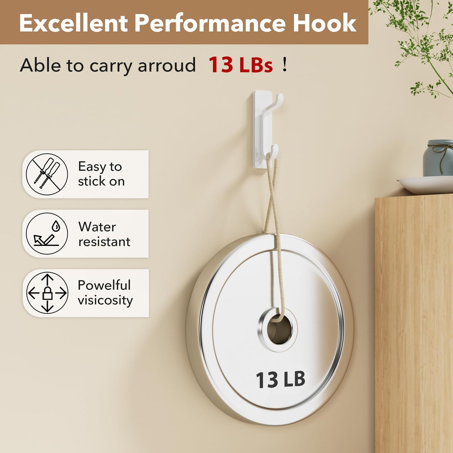 pickpiff 13LB Strong Stick-on Hooks for Coat & Towel, Black 4 Pack