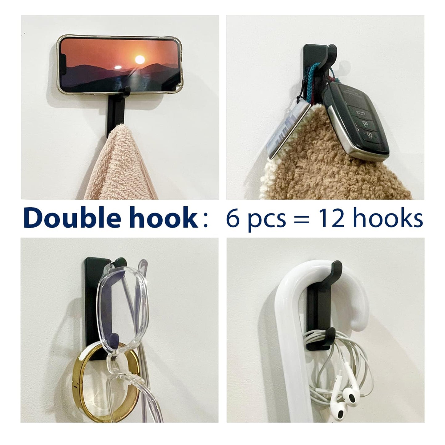 pickpiff 13LB Strong Stick-on Hooks for Coat & Towel, Black 4 Pack