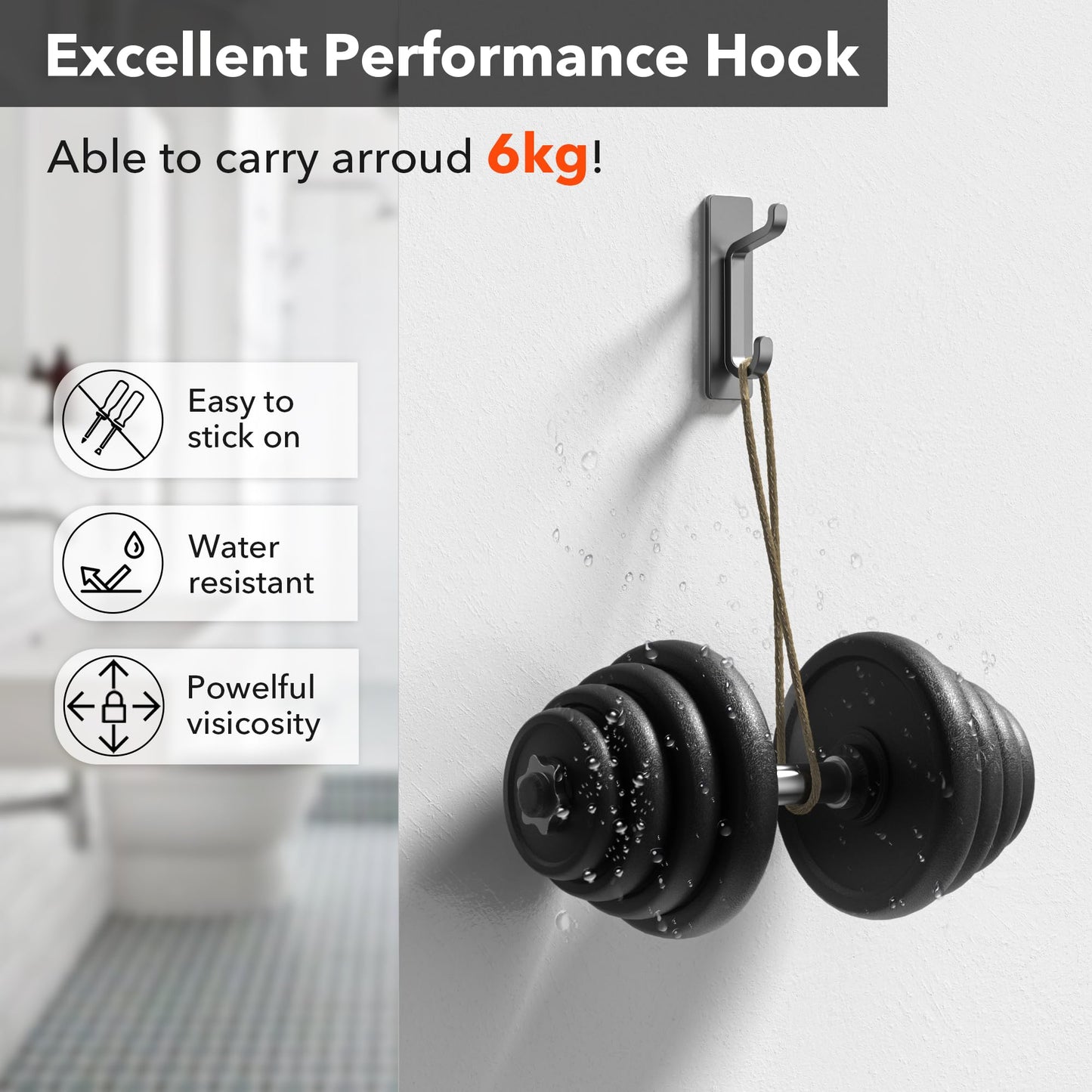 pickpiff 13LB Strong Stick-on Hooks for Coat & Towel, Black 4 Pack